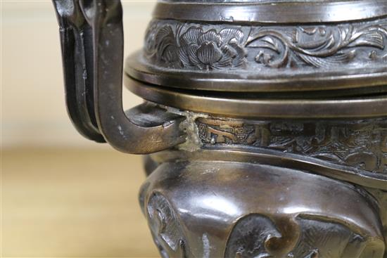 A Japanese bronze signed lidded censer height 26cm